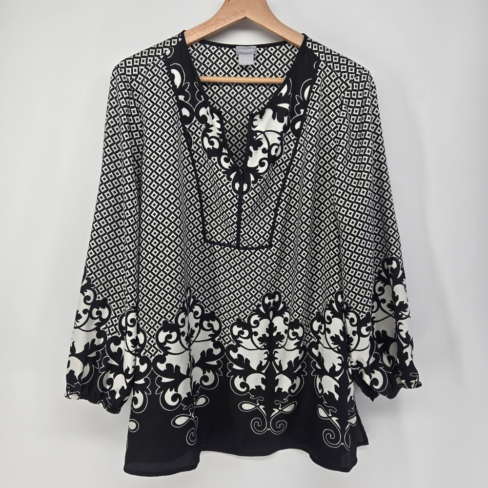 Chico's Blouse Women 2 Black White Geometric Damask Split Neck Tunic Top